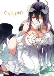 Rule 34 | 1girl, ahoge, albedo (overlord), bare shoulders, black hair, black wings, breasts, cleavage, closed mouth, copyright name, demon girl, demon horns, dress, gloves, hair between eyes, hip vent, horns, ken (coffee michikusa), kneeling, large breasts, long hair, looking at viewer, overlord (maruyama), sandals, smile, solo, white dress, white gloves, wings, yellow eyes