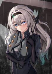 Rule 34 | 1girl, absurdres, black gloves, black hairband, black jacket, black neckerchief, black umbrella, commentary request, firefly (honkai: star rail), gloves, grey hair, hairband, highres, holding, holding umbrella, honkai: star rail, honkai (series), jacket, long hair, looking at viewer, neckerchief, official alternate costume, parted lips, purple eyes, shouhaku0512, solo, umbrella, upper body, very long hair