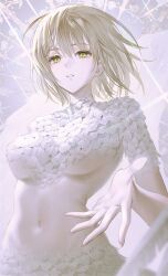 Rule 34 | 1girl, beckoning, blonde hair, blurry, body fur, breasts, chimera, commentary, depth of field, dungeon meshi, eyelashes, falin touden, falin touden (chimera), feathered wings, fingernails, floating hair, fymrie, glowing, glowing wings, grey background, highres, large breasts, light particles, looking at viewer, monster girl, navel, nude, reaching, reaching towards viewer, sharp fingernails, short hair, spoilers, upper body, wings, yellow eyes