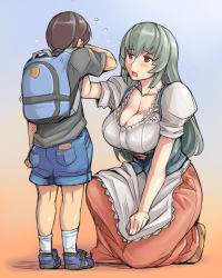 Rule 34 | 00s, 1boy, 1girl, :o, age difference, backpack, bag, black hair, black legwear, blush, breasts, cleavage, collarbone, crying, dirndl, german clothes, gradient background, green eyes, kneeling, large breasts, long hair, looking at another, mature female, oktoberfest, on one knee, red eyes, rozen maiden, shorts, simple background, sketch, suigintou, traditional clothes, tsuda nanafushi, underbust