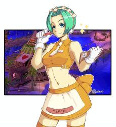 Rule 34 | 1girl, blue eyes, breasts, chief (skiwa), clipboard, closed mouth, commentary, contrapposto, cowboy shot, crop top, english commentary, game screenshot background, gloves, green hair, heart, highres, holding, holding clipboard, holding pencil, kafra uniform, looking at viewer, maid, maid headdress, medium breasts, midriff, miniskirt, navel, necktie, orange shirt, orange skirt, orange thighhighs, outline, parted bangs, pencil, pixiv username, ragnarok online, sampaguita (ragnarok online), shirt, short hair, skirt, sleeveless, sleeveless shirt, smile, solo, sparkle, tent, thighhighs, white gloves, white necktie, white outline