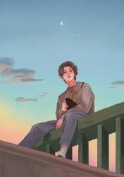 Rule 34 | 1boy, beanie, brown hair, cloud, crescent moon, hat, highres, jimin (bts), looking to the side, moon, pants, real life, sitting, solo, sweater, tanu chim