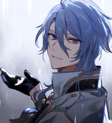 Rule 34 | 1boy, black gloves, blue hair, commentary request, genshin impact, gloves, hair between eyes, japanese clothes, kamisato ayato, long sleeves, looking at viewer, male focus, mole, mole under mouth, parted lips, purple eyes, rain, shuukenyuu, simple background, solo, upper body