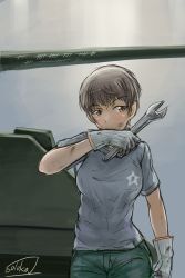 Rule 34 | 10s, 1girl, bad id, bad pixiv id, black pants, brown eyes, brown hair, dirty, dirty clothes, dirty face, emblem, freckles, girls und panzer, gloves, grey gloves, grey shirt, holding, looking at viewer, military, military vehicle, motor vehicle, naomi (girls und panzer), pants, shirt, short hair, short sleeves, sketch, solo, solokov (okb-999), standing, star (symbol), t-shirt, tank, upper body, very short hair, wrench