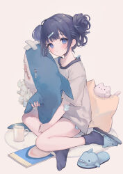 Rule 34 | 1girl, animal slippers, black hair, black socks, blue eyes, blue footwear, blush, brown background, commentary request, crossed bangs, cup, damaged, double bun, grey shirt, hair bun, hair ornament, hairclip, highres, hugging object, looking at viewer, mug, original, parted lips, shirt, short sleeves, simple background, slippers, socks, solo, star-shaped pillow, steam, stuffed animal, stuffed cat, stuffed shark, stuffed toy, stuffing, suzumori uina, tears