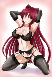 Rule 34 | armpits, arms up, black thighhighs, blush, bra, breasts, cleavage, commentary, commentary request, covered erect nipples, elbow gloves, garter belt, garter straps, gloves, high heels, highres, kousaka tamaki, lace, lace bra, large breasts, lingerie, looking at viewer, mutou keiji, nipples, red hair, see-through, smile, solo, thighhighs, to heart (series), to heart 2, uncensored, underwear