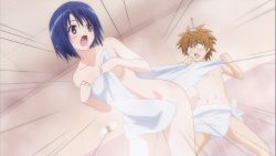 Rule 34 | 1boy, 1girl, animated, animated gif, blue hair, clothes theft, impossible towel, lowres, mixed-sex bathing, naked towel, onsen, sairenji haruna, screencap, shared bathing, shouting, theft, to love-ru, towel, towel theft, yuuki rito