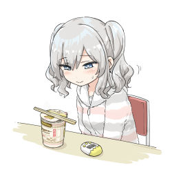 Rule 34 | 1girl, :&gt;, aka ringo, alternate costume, chair, chopsticks, commentary request, countdown timer, grey eyes, hood, hooded sweater, hoodie, kantai collection, kashima (kancolle), nissin cup noodle, sidelocks, silver hair, simple background, solo, striped clothes, striped sweater, sweater, table, timer, twintails, upper body, v arms, waiting, wavy hair, white background