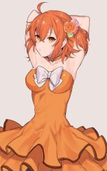 Rule 34 | 1girl, :o, ahoge, armpits, arms behind back, arms up, bad id, bad twitter id, bare arms, blush, bow, breasts, choker, collarbone, dress, fate/grand order, fate (series), female focus, flower, formal, frilled dress, frills, fujimaru ritsuka (female), fujimaru ritsuka (female) (starlight fest), grey background, hair between eyes, hair flower, hair ornament, highres, large breasts, looking at viewer, medium breasts, neck, official alternate costume, open mouth, orange choker, orange dress, orange eyes, orange hair, parted lips, short hair, side ponytail, simple background, solo, standing, strapless, strapless dress, type-moon, white background, white bow, yayata (884)