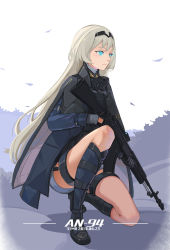Rule 34 | 1girl, an-94, an-94 (girls&#039; frontline), artist name, assault rifle, bare legs, blonde hair, blue eyes, boots, cape, character name, commentary request, dated, girls&#039; frontline, gun, headband, highres, holding, holding weapon, jacket, kneeling, long hair, looking to the side, on one knee, rifle, sima naoteng, simple background, thigh strap, weapon