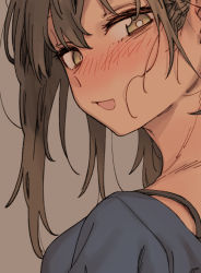Rule 34 | 1girl, alternate costume, blue shirt, blush, bra strap, breasts, brown eyes, brown hair, close-up, ergot, fubuki (kancolle), grey background, hair between eyes, kantai collection, large breasts, looking at viewer, messy hair, parted lips, portrait, shirt, simple background, solo
