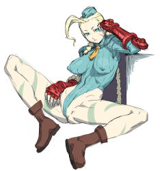 Rule 34 | 1990s (style), 1girl, beret, blonde hair, blue eyes, blue leotard, bodypaint, boots, braid, breasts, cameltoe, cammy white, capcom, chyko, covered erect nipples, fingerless gloves, gauntlets, gloves, hand on own head, hat, highleg, highleg leotard, large breasts, legs, leotard, necktie, ponytail, retro artstyle, scar, shirt, sketch, solo, spread legs, street fighter, street fighter zero (series), taut clothes, taut shirt, thong leotard, twin braids