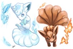 Rule 34 | alolan form, alolan vulpix, animal focus, artist name, blue hair, blue outline, blue sclera, brown eyes, brown sclera, closed mouth, colored sclera, creatures (company), crystal, fire, fox, full body, game freak, gen 1 pokemon, gen 7 pokemon, head tilt, highres, ice, ikei, jpeg artifacts, looking at viewer, multiple tails, nintendo, no humans, orange outline, outline, pokemon, pokemon (creature), red hair, short hair, signature, simple background, tail, vulpix, white background, white eyes