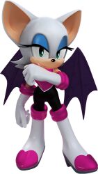 Rule 34 | 1girl, 3d, bat wings, boots, eyeshadow, female focus, full body, furry, furry female, gloves, green eyes, looking at viewer, makeup, official art, rouge the bat, solo, sonic (series), white hair, wings