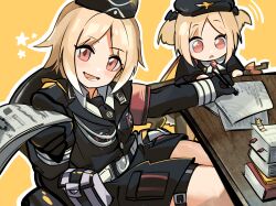 Rule 34 | :d, aiguillette, belt, beret, black bow, black headwear, black jacket, black necktie, blonde hair, blush, book, book stack, bow, breasts, brown eyes, chesed (uporyz), collared shirt, commission, from above, garrison cap, girls&#039; frontline, gun, hair bow, hand up, hat, highres, holding, holding paper, holding pen, jacket, long sleeves, lower teeth only, medium breasts, medium hair, military hat, military uniform, mp40, mp40 (girls&#039; frontline), mp40 (thumbelina) (girls&#039; frontline), necktie, on chair, open mouth, outline, paper, parted lips, pen, pouch, shirt, sitting, skeb commission, smile, submachine gun, table, teeth, thigh strap, twintails, uniform, weapon, white outline, white shirt, yellow background