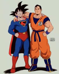 Rule 34 | 2boys, artist name, black hair, boots, cape, clark kent, closed mouth, cosplay, costume switch, crossover, dc comics, dougi, dragon ball, dragonball z, hand on own hip, kals kingdom, multiple boys, red cape, red footwear, smile, son goku, son goku (cosplay), superhero costume, superman, superman (cosplay), superman (series)