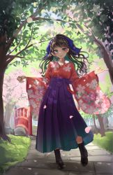 Rule 34 | 1girl, black footwear, black hair, blue bow, blue eyes, blush, boots, bow, braid, bridge, closed mouth, commentary request, cross-laced footwear, day, earrings, floral print, funyariko, grass, green hair, green nails, hair bow, hakama, hakama skirt, highres, japanese clothes, jewelry, kimono, lace-up boots, long hair, long sleeves, multicolored hair, nail polish, original, outdoors, path, petals, ponytail, print kimono, purple hakama, red kimono, road, skirt, smile, solo, standing, standing on one leg, tree, two-tone hair, wide sleeves