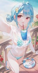 Rule 34 | 1girl, :3, :d, absurdres, aqua bikini, beach, bikini, blue footwear, blue hair, blunt bangs, blush, bracelet, braid, breasts, bubble tea challenge, cleavage, collarbone, commentary request, cup, disposable cup, drink, drinking straw, ear piercing, earrings, flip-flops, flower, food, foot out of frame, foreshortening, hair bun, hair flower, hair ornament, hairclip, handrail, highres, ice cream, ice cream float, innertube, jewelry, layered bikini, linea alba, looking at viewer, mascot, medium breasts, multicolored hair, nakashima (pluscolor), navel, ocean, open mouth, piercing, polka dot, polka dot bikini, red eyes, red flower, sandals, see-through, see-through shirt, shiranami ramune, shiranami ramune (summer c102), shirt, sidelocks, slippers, smile, solo, standing, standing on one leg, stomach, streaked hair, swim ring, swimsuit, tied shirt, virtual youtuber, vspo!, whipped cream, white hair
