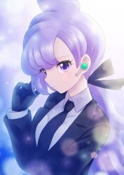 Rule 34 | 1girl, anabel (pokemon), black gloves, collared shirt, creatures (company), earpiece, game freak, gloves, hair ribbon, highres, katsuonoeboebo, light particles, long hair, looking at viewer, necktie, nintendo, pokemon, pokemon sm, purple eyes, purple hair, ribbon, shirt, solo, upper body