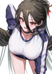 Rule 34 | 1girl, absurdres, black hair, black wings, blue archive, breasts, choker, collarbone, commentary, feathered wings, hair between eyes, hanging breasts, hasumi (blue archive), hasumi (track) (blue archive), heavy breathing, highres, jacket, large breasts, leaning forward, long hair, long sleeves, looking at viewer, lower teeth only, mole, mole under eye, official alternate costume, open clothes, open jacket, open mouth, pizzasi, red eyes, shirt, simple background, solo, sweat, teeth, thighs, very long hair, white shirt, wings, zipper