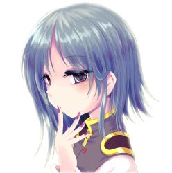 Rule 34 | 1girl, alternate hair color, blouse, blue eyes, blue hair, blue vest, commentary request, epaulettes, finger to mouth, fingernails, hand on own face, high collar, kinagi yuu, looking at viewer, nail polish, no headwear, parted lips, purple nails, sharp fingernails, shiki eiki, shirt, short hair, simple background, solo, touhou, upper body, vest, white background, white shirt