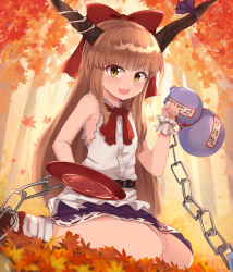 Rule 34 | 1girl, absurdres, alcohol, autumn, autumn leaves, backlighting, belt, black belt, black footwear, black horns, blouse, blunt bangs, blurry, blurry background, bow, chain, commentary, cuffs, cup, day, depth of field, fang, frilled cuffs, gourd, hair bow, highres, holding, holding cup, horn ornament, horn ribbon, horns, ibuki suika, kurokimono001, long hair, looking at viewer, mary janes, medium skirt, neck ribbon, open mouth, orange eyes, orange hair, outdoors, purple skirt, raised eyebrow, red bow, red ribbon, ribbon, ribbon-trimmed skirt, ribbon trim, sakazuki, sake, shackles, shirt, shoes, sitting, skin fang, skirt, sleeveless, sleeveless shirt, smile, socks, solo, sunlight, torn clothes, torn sleeves, touhou, tree, wariza, white shirt, white socks
