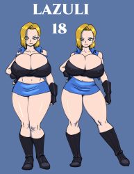 Rule 34 | 1girl, alternate body size, alternate breast size, android, android 18, black footwear, black gloves, blonde hair, blue background, blue eyes, blue skirt, bob cut, boots, breasts, cleavage, contrapposto, curvy, cyborg, darkeros, dragon ball, dragonball z, eyes visible through hair, facing viewer, fingerless gloves, full body, gloves, hair over one eye, hand on own hip, highres, huge breasts, looking at viewer, microskirt, midriff, multiple views, pencil skirt, short hair, simple background, skirt, standing, vest