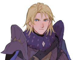 Rule 34 | 1boy, alternate hairstyle, armor, belt, black belt, blonde hair, blue eyes, blue fur, chest belt, closed mouth, commentary, dimitri alexandre blaiddyd, dizzypunchy, fire emblem, fire emblem: three houses, fur trim, hair behind ear, hair between eyes, hair down, light smile, looking at viewer, male focus, nintendo, pauldrons, shoulder armor, simple background, solo, upper body, white background