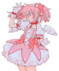 Rule 34 | 1girl, absurdres, arm up, bow, choker, collarbone, commentary, detached wings, dress, dress bow, english commentary, frilled dress, frills, gloves, goomyloid, hair bow, highres, kaname madoka, looking at viewer, magical girl, mahou shoujo madoka magica, mahou shoujo madoka magica (anime), pink bow, pink eyes, pink hair, puffy short sleeves, puffy sleeves, red choker, short sleeves, simple background, smile, solo, soul gem, standing, twintails, white background, white gloves, wings