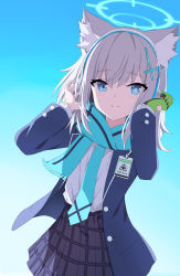 Rule 34 | 1girl, adjusting headphones, animal ear fluff, animal ears, between breasts, blazer, blue archive, blue background, blue eyes, blue jacket, blue scarf, breast pocket, breasts, buttons, cat ears, closed mouth, coat, cowboy shot, cross hair ornament, expressionless, extra ears, frills, fringe trim, gloves, green gloves, grey hair, grey skirt, hair ornament, hairclip, halo, headphones, high-waist skirt, highres, id card, jacket, jewelry, long sleeves, looking at viewer, medium breasts, medium hair, miniskirt, mismatched pupils, necktie, necktie between breasts, open clothes, open jacket, plaid, plaid skirt, pleated skirt, pocket, rururiiro, scarf, school uniform, shiroko (blue archive), shirt, shirt tucked in, sidelocks, simple background, single glove, skirt, smile, solo, standing, striped clothes, striped scarf, white shirt, x hair ornament