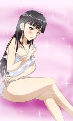 Rule 34 | 1girl, absurdres, alternate hairstyle, black hair, blush, heterochromia, highres, jatts, crossed legs, messy hair, naked towel, red eyes, sakamoto mio, sitting, strike witches, towel, world witches series, yellow eyes