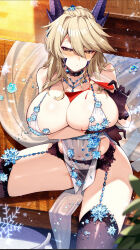 1girl artoria_pendragon_(fate) artoria_pendragon_(lancer_alter)_(fate) artoria_pendragon_(lancer_alter)_(royal_icing)_(fate) blonde_hair blush braid breasts cleavage cluseller commission cup drinking_glass fate/grand_order fate_(series) gloves highres horns lingerie outdoors pouring pouring_onto_self revealing_clothes skeb_commission underwear wine_glass yellow_eyes