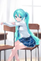 Rule 34 | 1girl, aqua eyes, aqua hair, blue necktie, blue ribbon, blue skirt, blurry, blurry background, cait aron, chair, classroom, closed mouth, commentary request, hair between eyes, hair ribbon, hatsune miku, highres, long hair, looking at viewer, necktie, official alternate costume, on chair, plaid, plaid necktie, plaid skirt, ribbon, school uniform, shirt, sitting, skirt, smile, solo, twintails, vocaloid, white shirt, white sleeves