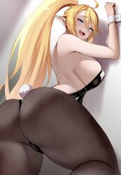 Rule 34 | 1girl, absurdres, ahoge, anagumasan, bare shoulders, black leotard, blonde hair, blue eyes, breasts, commission, elf, fake tail, fangs, highres, large breasts, leotard, naughty face, on wall, original, pantyhose, playboy bunny, pointy ears, ponytail, rabbit tail, sideboob, skeb commission, skin fangs, spread legs, tail, thighs, wrist cuffs