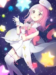 Rule 34 | 1girl, :o, blush, bow, brown eyes, candy, coat, crying, food, hat, highres, houkago no pleiades, konpeitou, long hair, open mouth, overcoat, pink hair, pleated skirt, shirotsuna, skirt, sky, sleeveless, solo, star (symbol), subaru (houkago no pleiades), tears, thighhighs, wrist cuffs