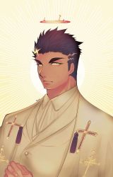 Rule 34 | 1boy, alternate costume, cross, cross print, facial hair, fire, flaming halo, formal, halo, highres, looking at viewer, male focus, mature male, own hands clasped, own hands together, priest, short hair, sideburns, solo, stubble, tokyo houkago summoners, touoh, upper body, yellow eyes, zabaniyya (housamo)