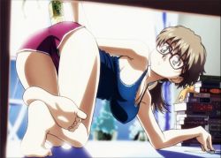 Rule 34 | 00s, 1girl, all fours, armpits, ass, bare shoulders, barefoot, book, bottle, breasts, brown hair, cameltoe, cleavage, feet, frog, from behind, glasses, green eyes, halterneck, ishihama masashi, large breasts, long legs, looking back, micro shorts, nenene, no bra, official art, ponytail, r.o.d the tv, read or die, short shorts, shorts, sideboob, soles, solo, stuffed animal, stuffed toy, sumiregawa nenene, tank top