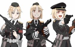 Rule 34 | 3girls, :d, black gloves, black headwear, black jacket, black necktie, blonde hair, character request, closed mouth, collared shirt, finger on trigger, garrison cap, girls&#039; frontline, glove pull, gloves, grin, gun, handgun, hat, highres, holding, holding gun, holding weapon, jacket, long sleeves, military, military hat, military uniform, mp40, mp40 (girls&#039; frontline), mp41, multiple girls, name connection, necktie, object namesake, open mouth, parted bangs, peaked cap, red eyes, shirt, short hair, simple background, smile, submachine gun, uniform, wani (perfect han), weapon, weapon request, white background, white shirt