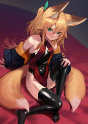 Rule 34 | 1girl, animal ears, armpit crease, bare shoulders, black jacket, black thighhighs, blonde hair, dress, fox ears, fox girl, fox tail, green eyes, halterneck, highres, jacket, kitsune, knee up, kokonoe tsubaki, long hair, looking at viewer, multiple tails, no panties, no shoes, off shoulder, one side up, open clothes, open jacket, original, parted lips, pelvic curtain, red dress, shiny clothes, shiny legwear, sitting, sleeveless, sleeveless dress, smile, solo, tail, thighhighs, thighs, two tails, yoshizawa tsubaki