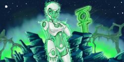 Rule 34 | 1girl, android, aura, aya (green lantern), blue eyes, blue sclera, breasts, colored sclera, colored skin, dc comics, glowing, glowing eyes, green lantern, green lantern (series), green skin, helmet, humanoid robot, justice league, robot, rubtox, solo