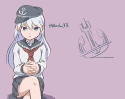 Rule 34 | 1girl, anchor, anchor symbol, black hat, black sailor collar, black skirt, blue eyes, commentary request, cowboy shot, crossed legs, flat cap, hat, hibiki (kancolle), kantai collection, long hair, looking at viewer, neckerchief, one-hour drawing challenge, own hands clasped, own hands together, pleated skirt, purple background, red neckerchief, sailor collar, school uniform, serafuku, silver hair, skirt, solo, twitter username, warutairu