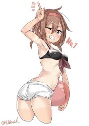 Rule 34 | 10s, 1girl, ^^^, ahoge, arm up, armpits, ass, bad id, bad twitter id, ball, bare arms, beachball, blush, breasts, brown eyes, brown hair, cowboy shot, cropped legs, ebifurya, eyebrows, from side, front-tie top, gluteal fold, grin, hair between eyes, hairband, highres, holding, holding ball, inactive account, index finger raised, kantai collection, looking at viewer, medium breasts, one eye closed, red hairband, shiratsuyu (kancolle), shorts, simple background, smile, solo, teeth, twitter username, white background, white shorts