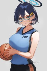 Rule 34 | 1girl, absurdres, ball, bare arms, basketball (object), blue archive, blue eyes, blue hair, blue shirt, breasts, chihiro (blue archive), futsukayoi, glasses, grey background, grin, hair ornament, halo, highres, holding, holding ball, large breasts, looking at viewer, rabbit hair ornament, semi-rimless eyewear, shirt, short hair, simple background, sleeveless, sleeveless shirt, smile, solo