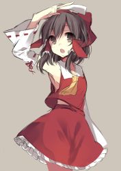 Rule 34 | 1girl, arm up, armpits, ascot, bad id, bad pixiv id, between fingers, black eyes, black hair, bow, detached sleeves, grey background, hair bow, hair tubes, hakurei reimu, holding, long sleeves, looking at viewer, midriff, open mouth, ribbon-trimmed sleeves, ribbon trim, shirt, simple background, skirt, skirt set, solo, spell card, touhou, wide sleeves, yamori shiki