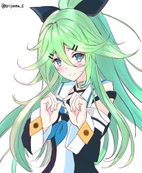 Rule 34 | 1girl, black bow, blue neckerchief, blush, bow, closed mouth, dress, eriyama e, green eyes, green hair, hair between eyes, hair bow, hair ornament, hairclip, kantai collection, long hair, looking at viewer, neckerchief, one-hour drawing challenge, school uniform, serafuku, simple background, solo, twitter username, very long hair, white background, yamakaze (kancolle)