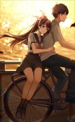 Rule 34 | 1boy, 1girl, absurdres, bicycle, black pants, black sailor collar, black socks, bow, brown hair, collared shirt, crazy ones, hairband, highres, official art, pants, protagonist (crazy ones), red bow, red hair, riding, riding bicycle, sailor collar, school uniform, shirt, shoes, socks, su xiaoye, water, white shirt