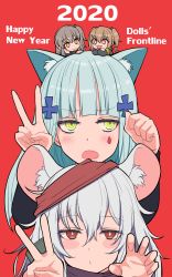 Rule 34 | 2020, 404 (girls&#039; frontline), 4girls, animal ears, bandana, blue hair, blush, brown hair, cat ears, closed mouth, english text, g11 (girls&#039; frontline), girls&#039; frontline, green eyes, grey hair, hair ornament, happy new year, highres, hk416 (girls&#039; frontline), jacket, long hair, looking at another, looking at viewer, looking up, mouse ears, multiple girls, new year, open mouth, paw pose, purple scarf, red background, red eyes, scarf, smile, ump45 (girls&#039; frontline), ump9 (girls&#039; frontline), yellow eyes, yu 416416