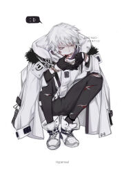 Rule 34 | 1boy, absurdres, black gloves, blood, blood on mouth, carriann000, full body, gloves, highres, jacket, male focus, original, solo, squatting, white footwear, white hair, white jacket