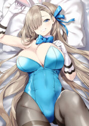 Rule 34 | 1girl, animal ears, arm up, asuna (blue archive), asuna (bunny) (blue archive), bare shoulders, bed sheet, black pantyhose, blue archive, bow, bowtie, breasts, cowboy shot, detached collar, fake animal ears, gloves, hair bow, highres, large breasts, leotard, long hair, looking at viewer, lying, mole, mole on breast, on back, pantyhose, pillow, playboy bunny, purple eyes, rabbit ears, sleeveless, smile, solo, traditional bowtie, tyone, very long hair, white gloves