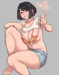 Rule 34 | 1girl, agawa ryou, areola slip, barefoot, bikini, bikini top only, bikini under clothes, black hair, breasts, breasts on lap, commentary, dated, denim, denim skirt, english commentary, feet, foot out of frame, front-tie bikini top, front-tie top, knee up, large areolae, large breasts, legs, looking at viewer, miniskirt, navel, nipple slip, nipples, original, puffy nipples, pulling own clothes, short hair, shrug (clothing), signature, simple background, sitting, skirt, solo, swimsuit, toenails, toes, untied bikini, waving